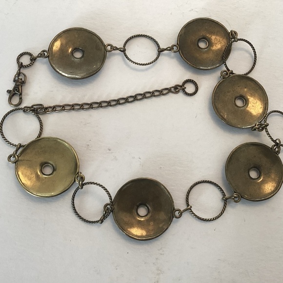 Vintage Arty, Lagenlook, Boho, Brass Backed Pebble Adorned Disc Chain Belt EUC